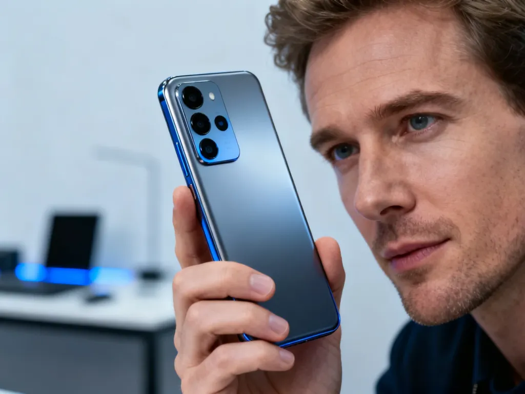 Mężczyzna trzyma w dłoni nowoczesny smartfon Realme, eksponując jego zaawansowany moduł aparatu na tle biurowego wnętrza.