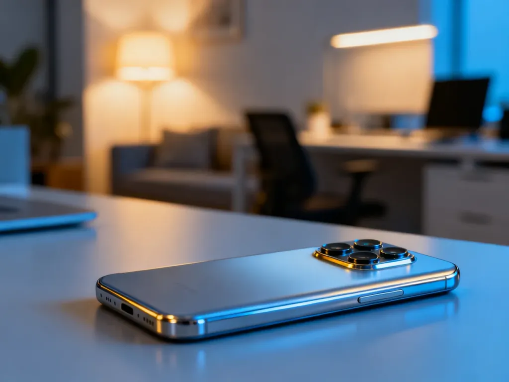 Nowoczesny smartfon Samsung S25 FE leżący na minimalistycznym biurku, z wyraźnym wyeksponowaniem modułu aparatu.