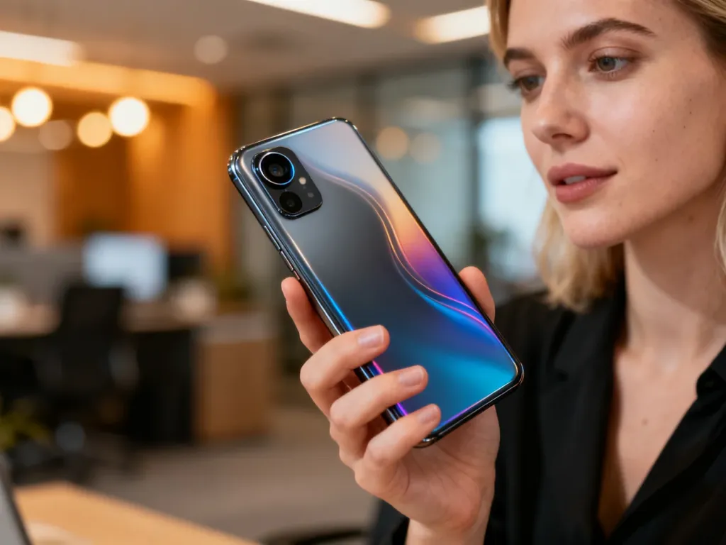 Kobieta trzymająca nowoczesny smartfon Redmi Note 14 Pro Plus, prezentująca jego zakrzywiony ekran i wysokiej jakości aparat.