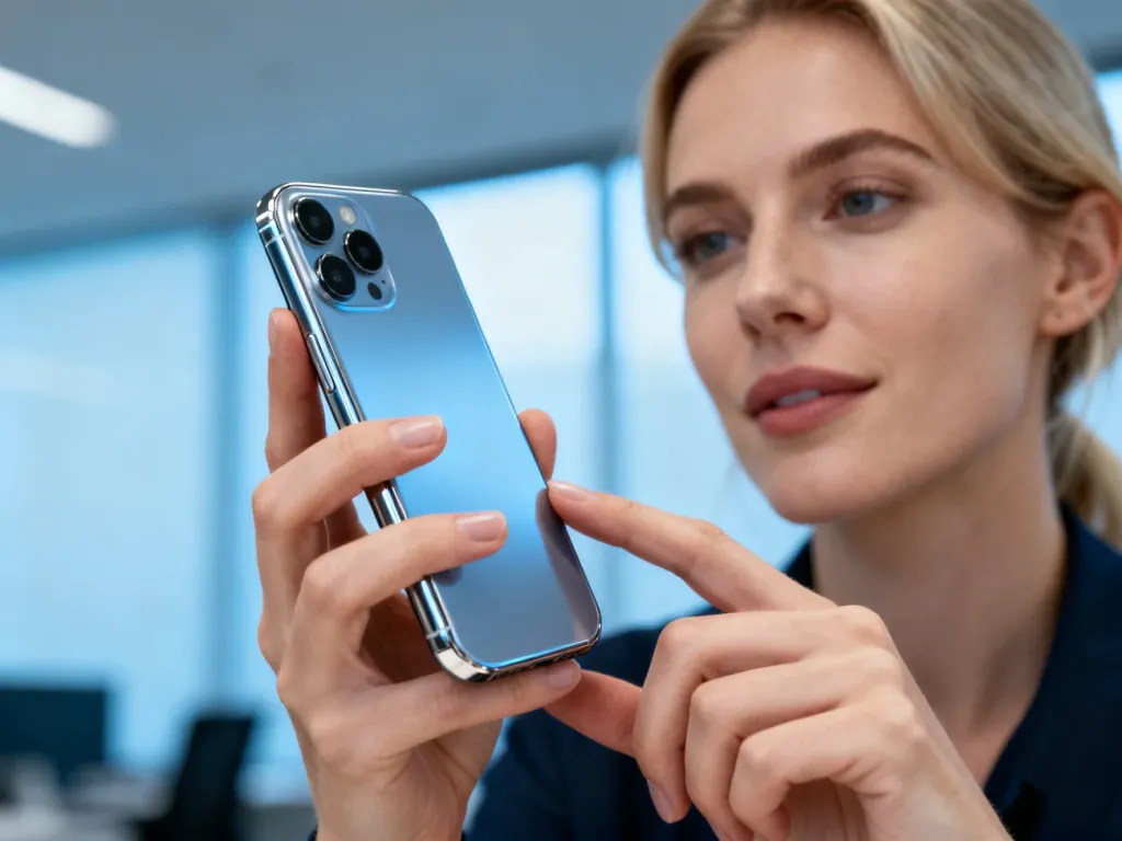 Kobieta trzymająca w dłoniach nowoczesny smartfon Samsung Galaxy A34 5G o eleganckim designie w biurowym otoczeniu.