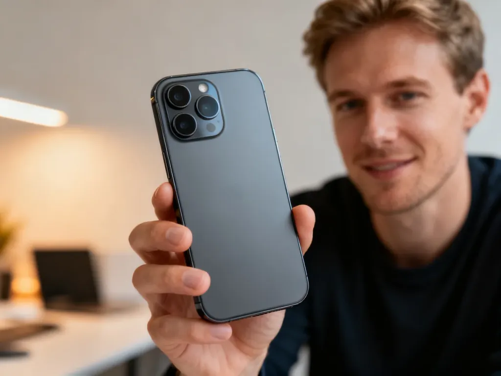 Mężczyzna trzymający w dłoni smartfon Redmi Note 9 Pro, prezentujący szczegóły modułu aparatu w profesjonalnym ujęciu.