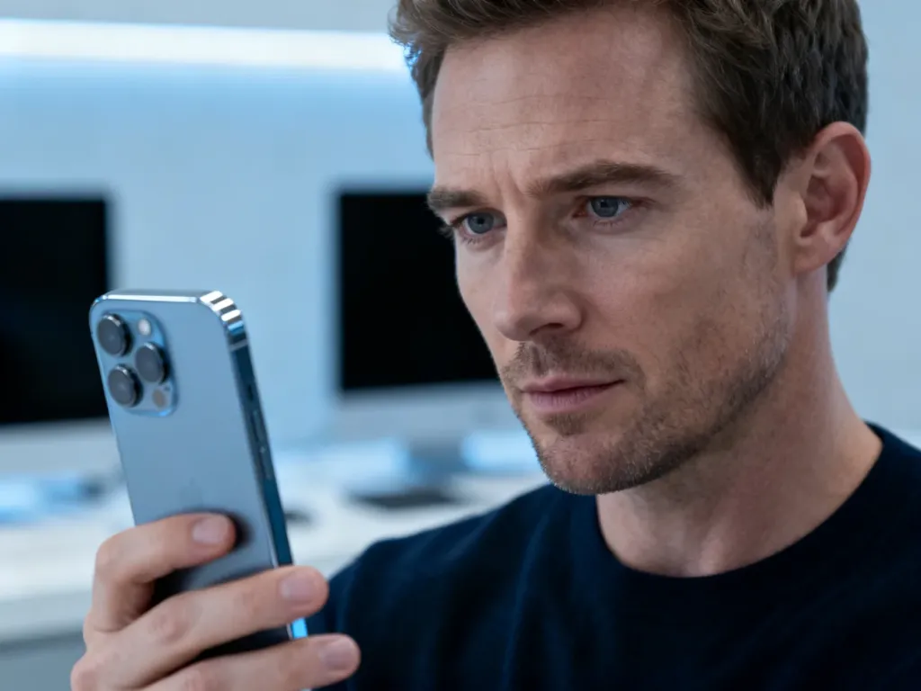 Mężczyzna trzymający w dłoniach nowoczesny smartfon Poco F2 Pro na tle minimalistycznego biura.