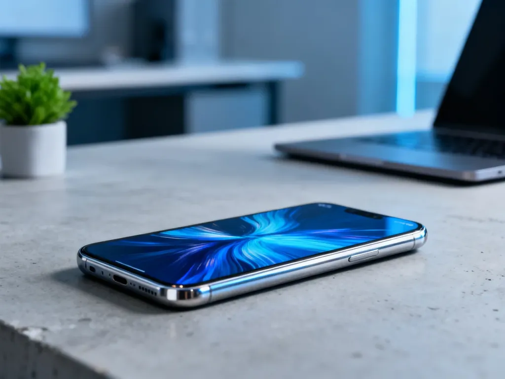 Smartfon Huawei P30 Pro na minimalistycznym betonowym blacie w nowoczesnym biurowym otoczeniu.