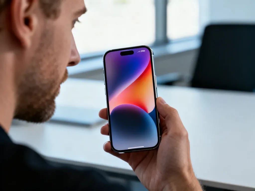 Mężczyzna trzymający w dłoni iPhone 14 Pro Max z kolorową tapetą na ekranie w nowoczesnym biurowym wnętrzu.