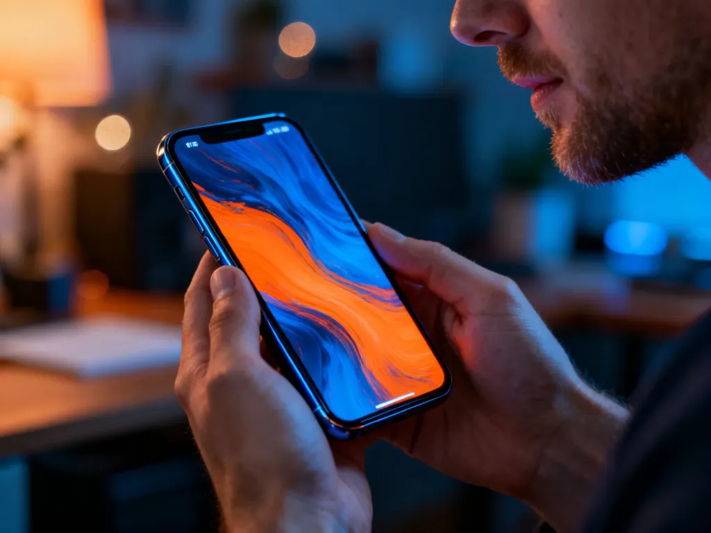 Mężczyzna trzyma w dłoniach nowoczesny smartfon Xiaomi Redmi Note 12 z kolorową tapetą na ekranie w przytulnym biurze.