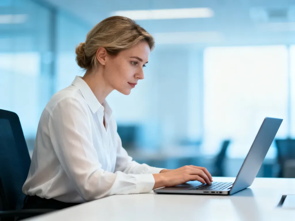 Profesjonalistka pracująca przy laptopie w nowoczesnym biurze, symbolizująca efektywną obsługę systemu Merlin X.