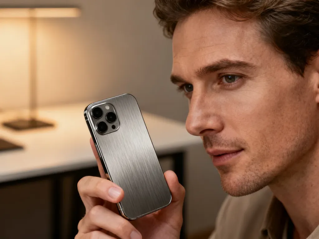 Mężczyzna trzymający iPhone’a 15 z tytanową obudową na tle minimalistycznego biurka.