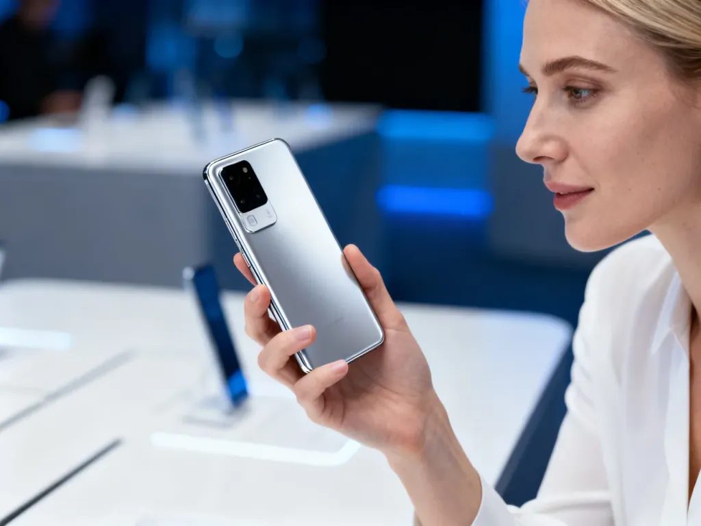 Kobieta trzyma w dłoni kompaktowy smartfon iPhone 12 mini na tle minimalistycznego biura.