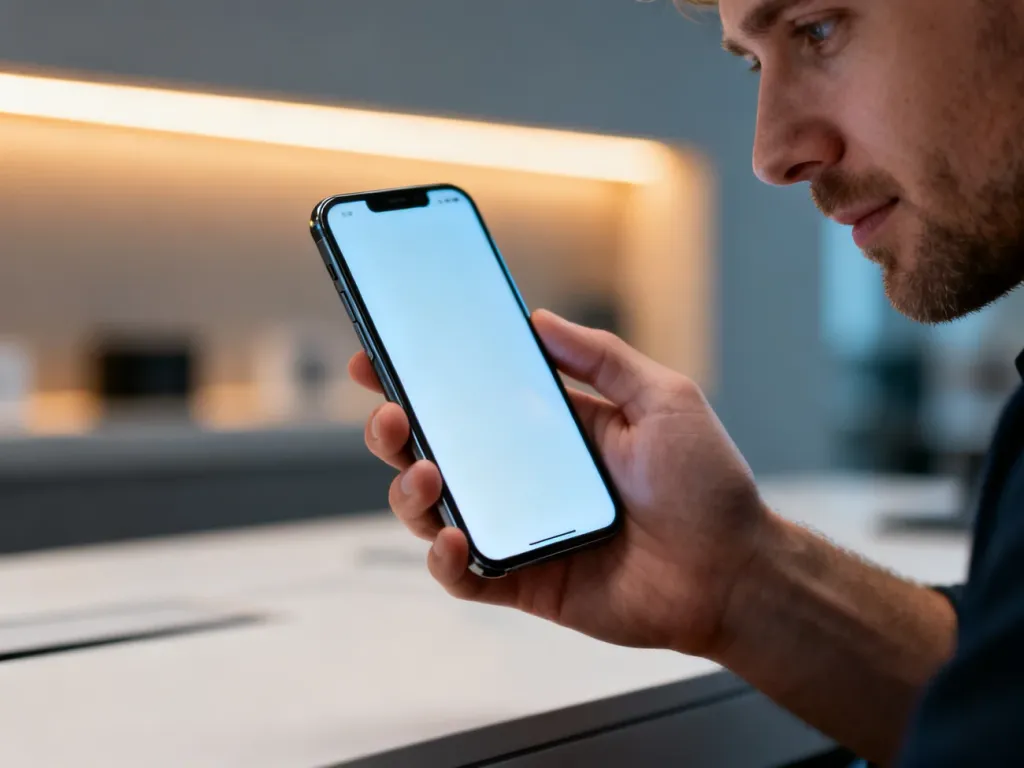 Mężczyzna trzymający w dłoni nowoczesny smartfon Redmi 9 w minimalistycznym biurze.