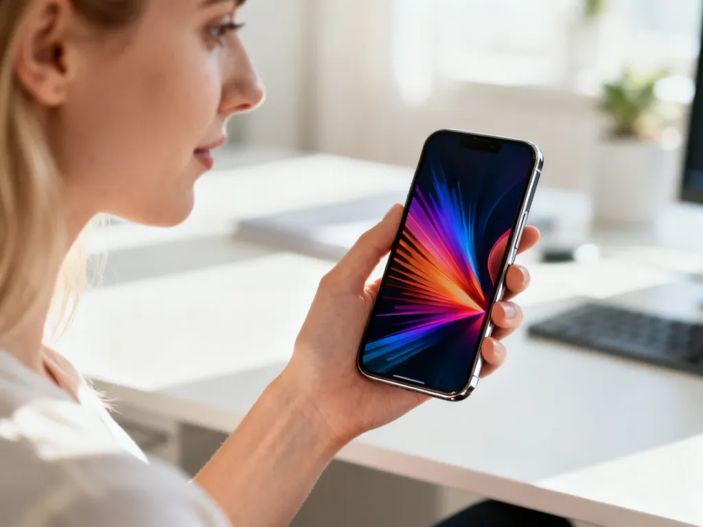 Kobieta trzymająca w dłoni nowoczesny smartfon Samsung Galaxy A14 z kolorową grafiką na ekranie.