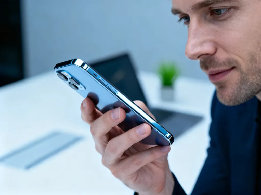Mężczyzna trzymający w dłoni nowoczesny smartfon Redmi Note 13 na tle minimalistycznego biura.