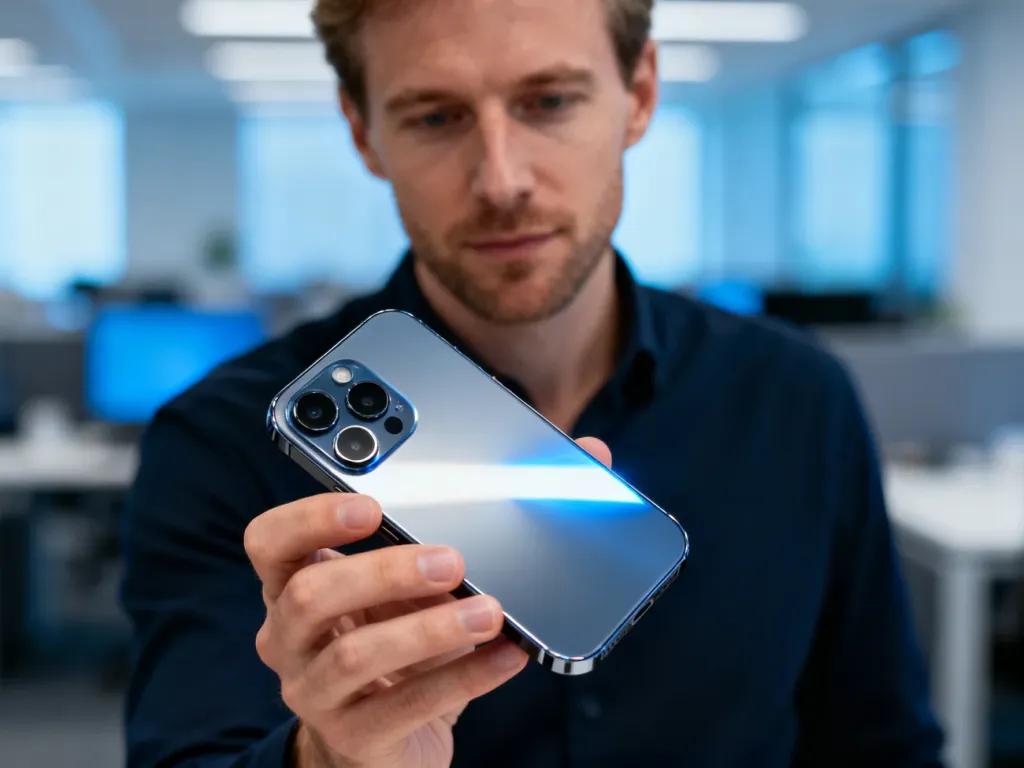 Mężczyzna trzymający w dłoni nowoczesny smartfon Samsung Galaxy S25 Ultra z widocznym zaawansowanym zestawem aparatów.