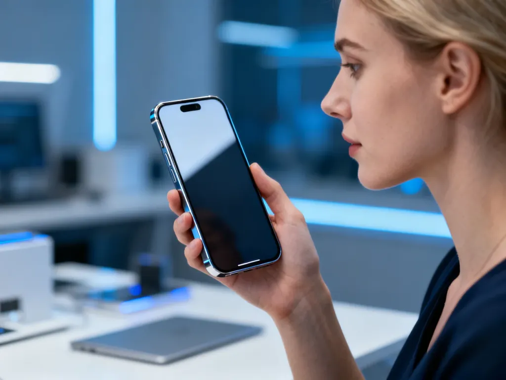 Nowoczesny smartfon Samsung Galaxy w dłoniach użytkowniczki na tle profesjonalnego biura.