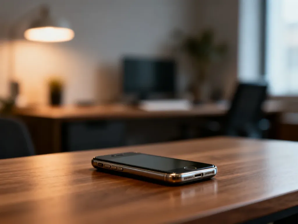 Elegancki smartfon Huawei P8 leżący na drewnianym biurku w nowoczesnym domowym biurze.