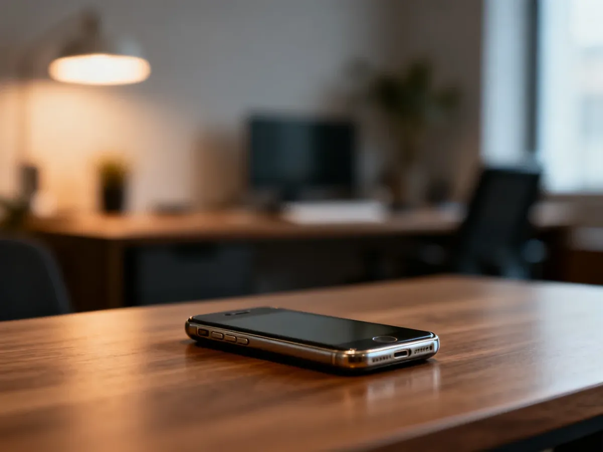 Elegancki smartfon Huawei P8 leżący na drewnianym biurku w nowoczesnym domowym biurze.