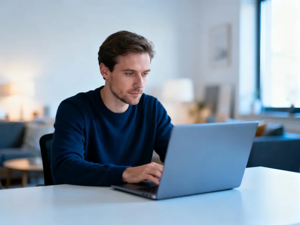 Mężczyzna korzystający z laptopa przy biurku w domowym biurze, co symbolizuje łatwy dostęp do panelu klienta online.