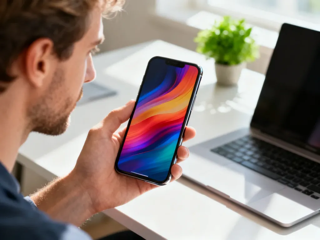 Mężczyzna trzymający w dłoni nowoczesny smartfon Motorola g35 z kolorową grafiką na ekranie w jasnym biurze.