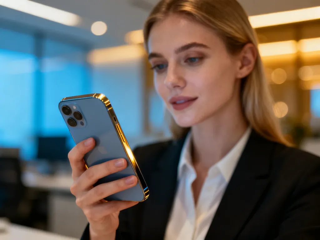 Kobieta trzymająca w dłoni nowoczesny smartfon iPhone 16 Plus w minimalistycznym, eleganckim wydaniu.