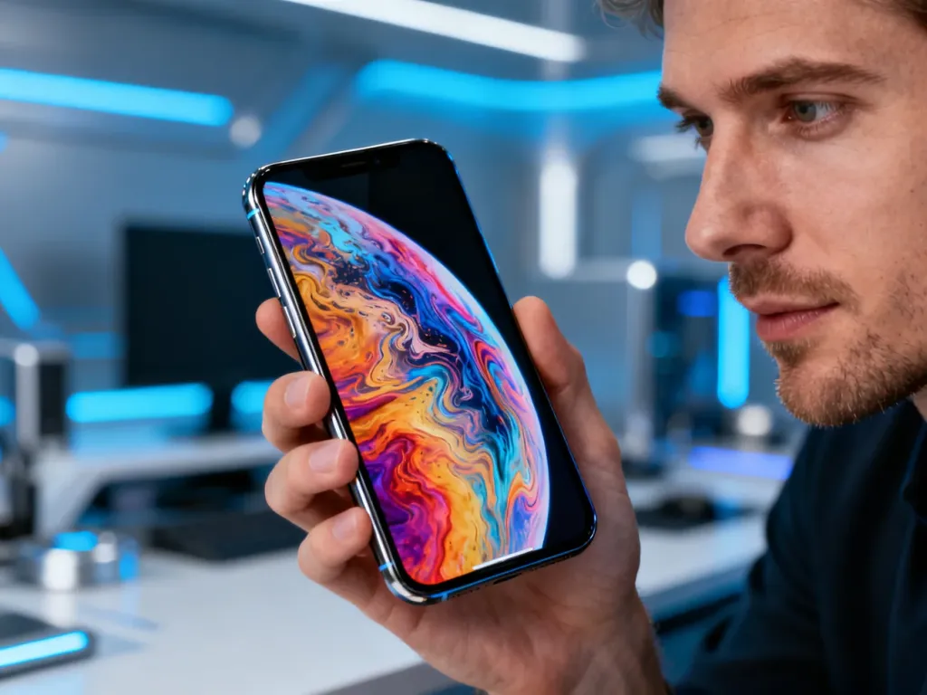 Nowoczesny smartfon Motorola z kolorowym wyświetlaczem edge-to-edge trzymany w dłoni na tle futurystycznego biura.