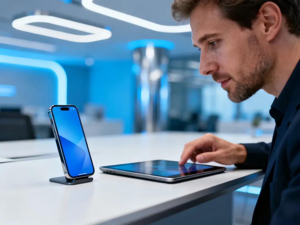 Mężczyzna korzystający ze smartfona i tabletu Samsung w nowoczesnym, minimalistycznym biurze.