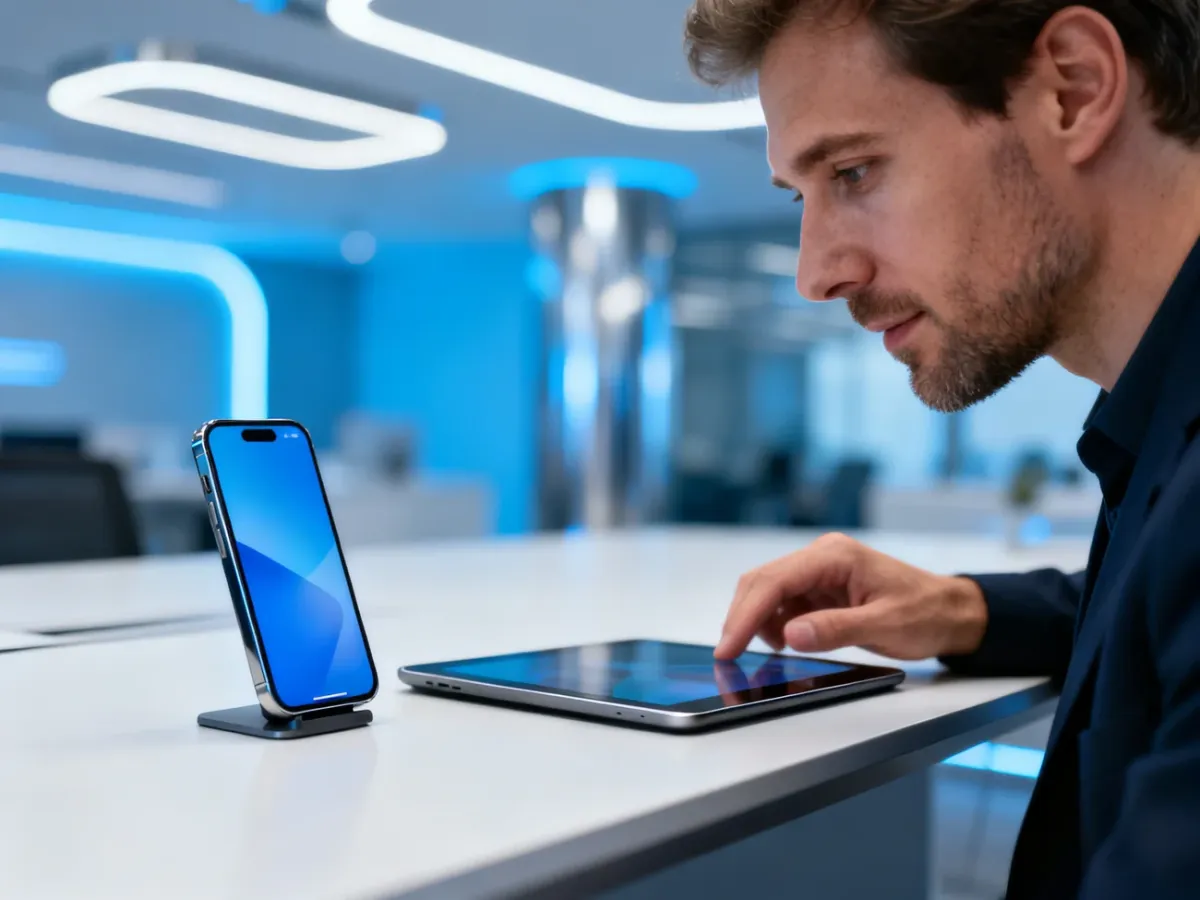 Mężczyzna korzystający ze smartfona i tabletu Samsung w nowoczesnym, minimalistycznym biurze.
