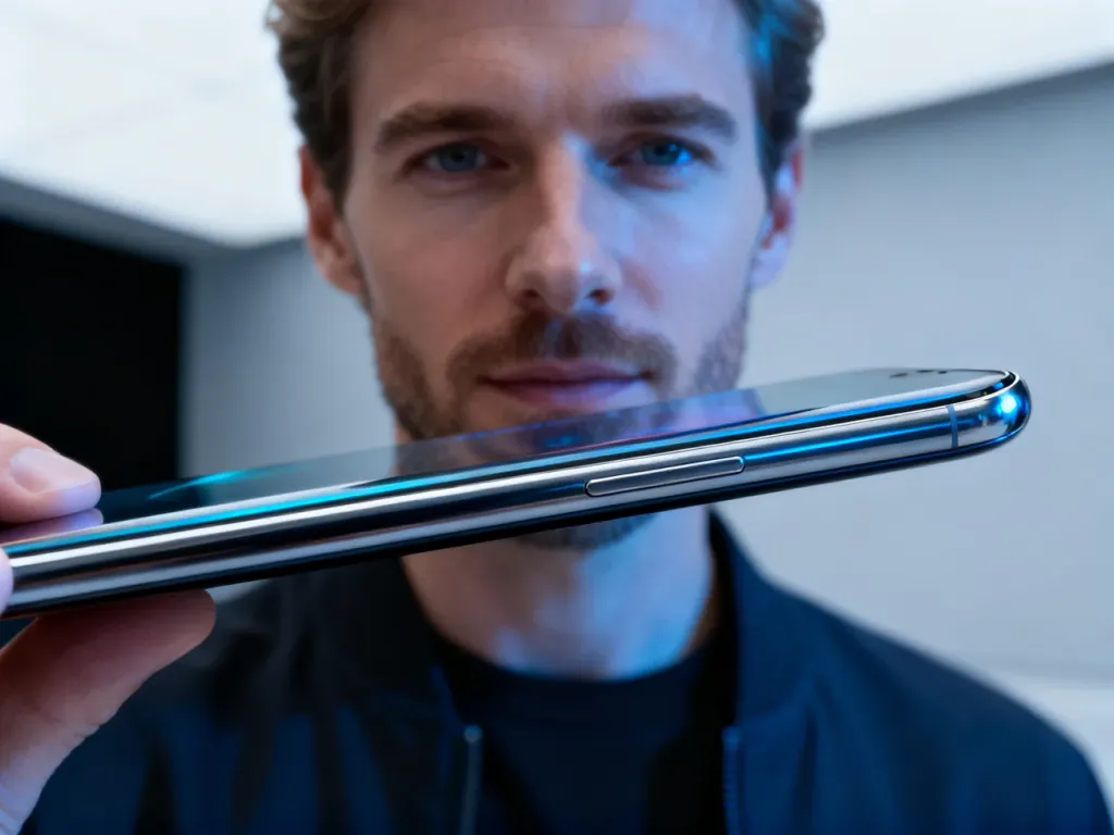 Mężczyzna trzymający smartfon Motorola Edge 40 Pro z zakrzywionym ekranem w nowoczesnym, minimalistycznym wnętrzu.