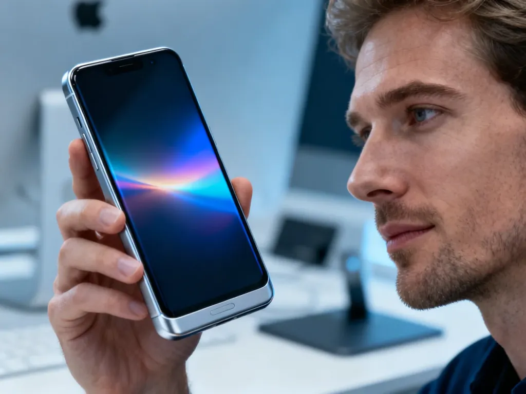 Nowoczesny smartfon trzymany w dłoni na tle minimalistycznego biura, prezentujący jasny wyświetlacz z kolorową grafiką.