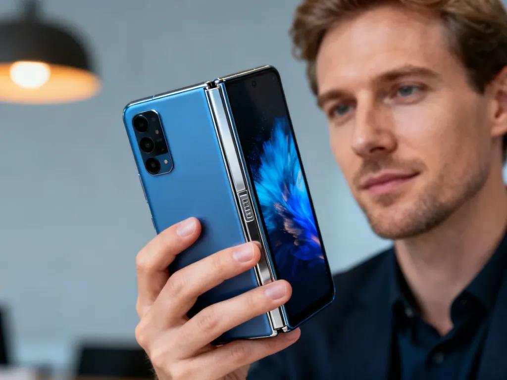 Mężczyzna trzyma w dłoni częściowo złożony smartfon Motorola razr, prezentując jego nowoczesny zawias i wyświetlacz.