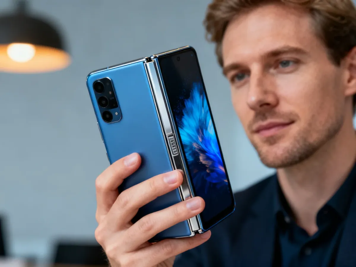 Mężczyzna trzyma w dłoni częściowo złożony smartfon Motorola razr, prezentując jego nowoczesny zawias i wyświetlacz.