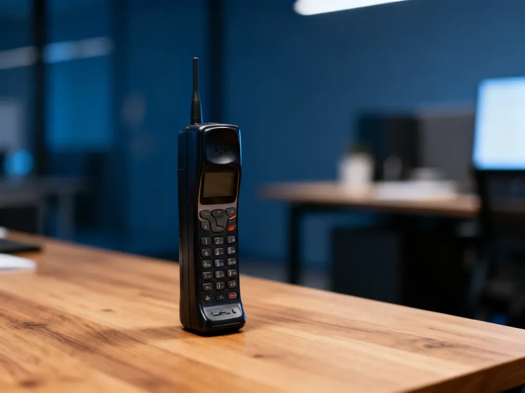 Klasyczny telefon Nokia 3310 leżący na drewnianym biurku w nowoczesnym, lekko rozmytym wnętrzu.