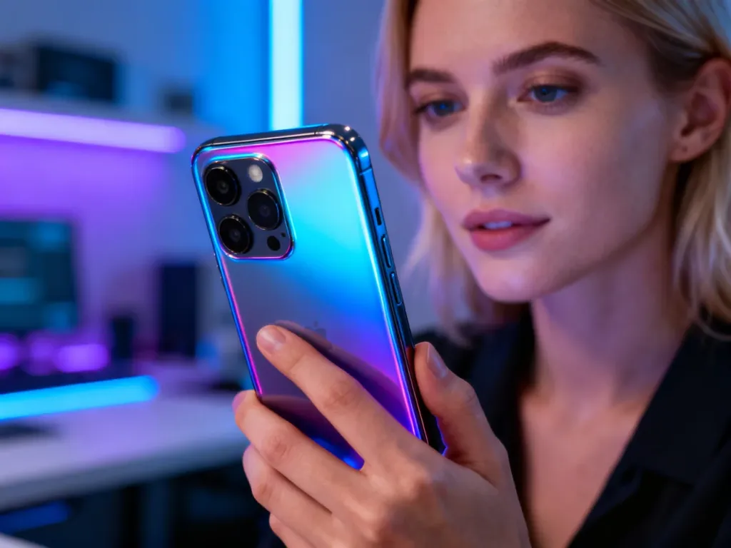 Nowoczesny smartfon Oppo Reno 13 trzymany w dłoni na tle profesjonalnego, podświetlanego stanowiska pracy.
