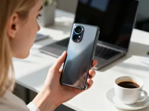 Mężczyzna trzymający w dłoni smartfon Redmi 12c z kolorową grafiką na ekranie na tle domowego biura.