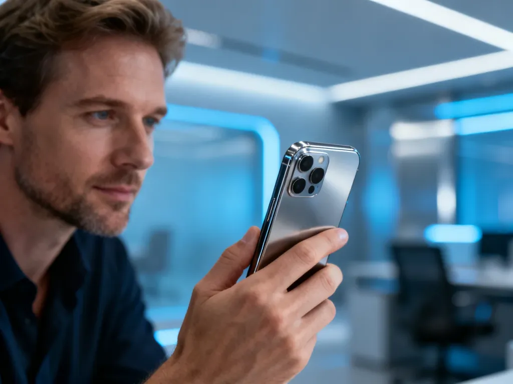 Nowoczesny smartfon Poco F7 Pro trzymany w dłoni na tle minimalistycznego, biurowego wnętrza.