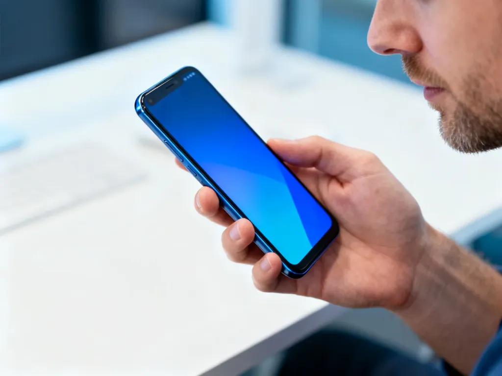 Mężczyzna trzymający w dłoni smartfon Redmi Note 10 Pro z wyraźnym, kolorowym wyświetlaczem w jasnym biurze.