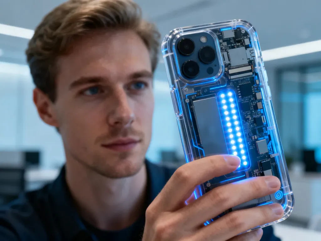 Zbliżenie na przezroczyste plecki smartfona Nothing Phone z charakterystycznymi diodami LED w nowoczesnym biurze.