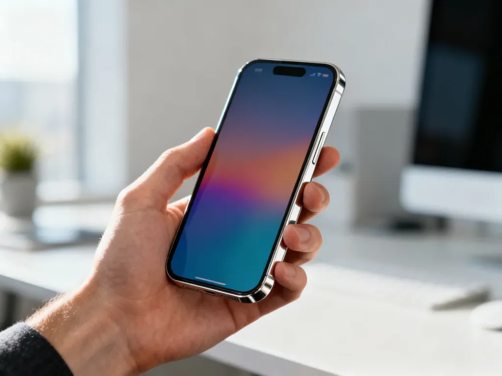 Mężczyzna trzymający w dłoni nowoczesny smartfon Samsung A55 z wyraźnym ekranem na tle minimalistycznego biura.