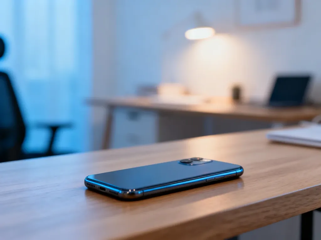 Nowoczesny smartfon Oppo A78 leżący na drewnianym biurku w minimalistycznym domowym biurze.