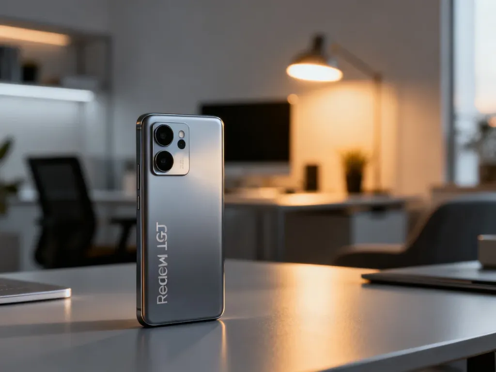 Smartfon Realme GT Master Edition na minimalistycznym biurku w nowoczesnym biurze domowym.