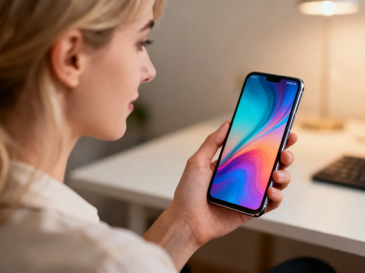 Kobieta trzymająca w dłoni smartfon Samsung Galaxy A51 z wyraźnym, bezramkowym wyświetlaczem na tle domowego biura.
