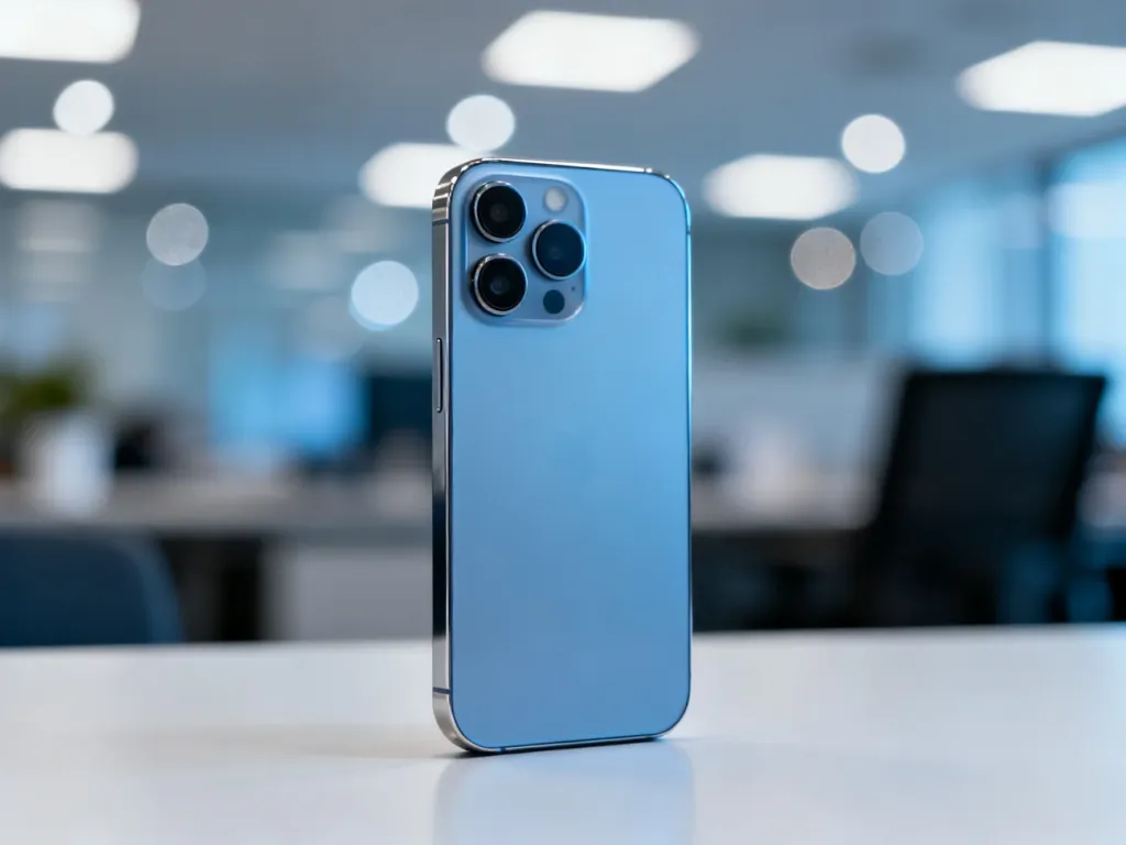 Elegancki iPhone 13 Pro z potrójnym aparatem na minimalistycznym biurku w profesjonalnej oprawie.