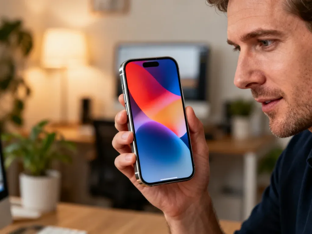 Mężczyzna trzyma w dłoni nowoczesny smartfon Google Pixel z kolorowym interfejsem na tle przytulnego domowego biura.