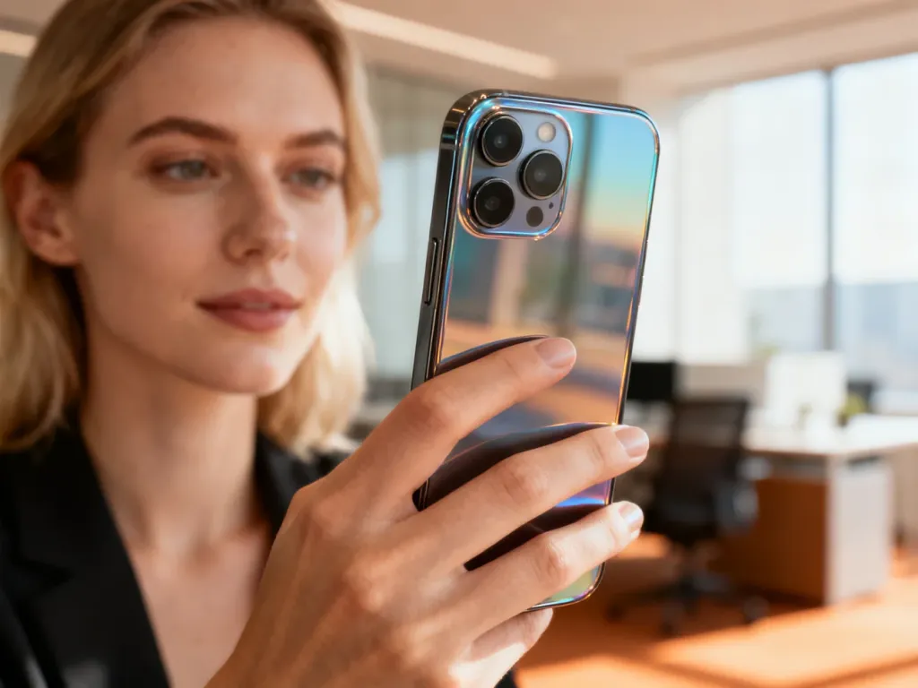 Elegancki iPhone 8 Plus z błyszczącą szklaną obudową i podwójnym aparatem trzymany w dłoni w nowoczesnym biurze.