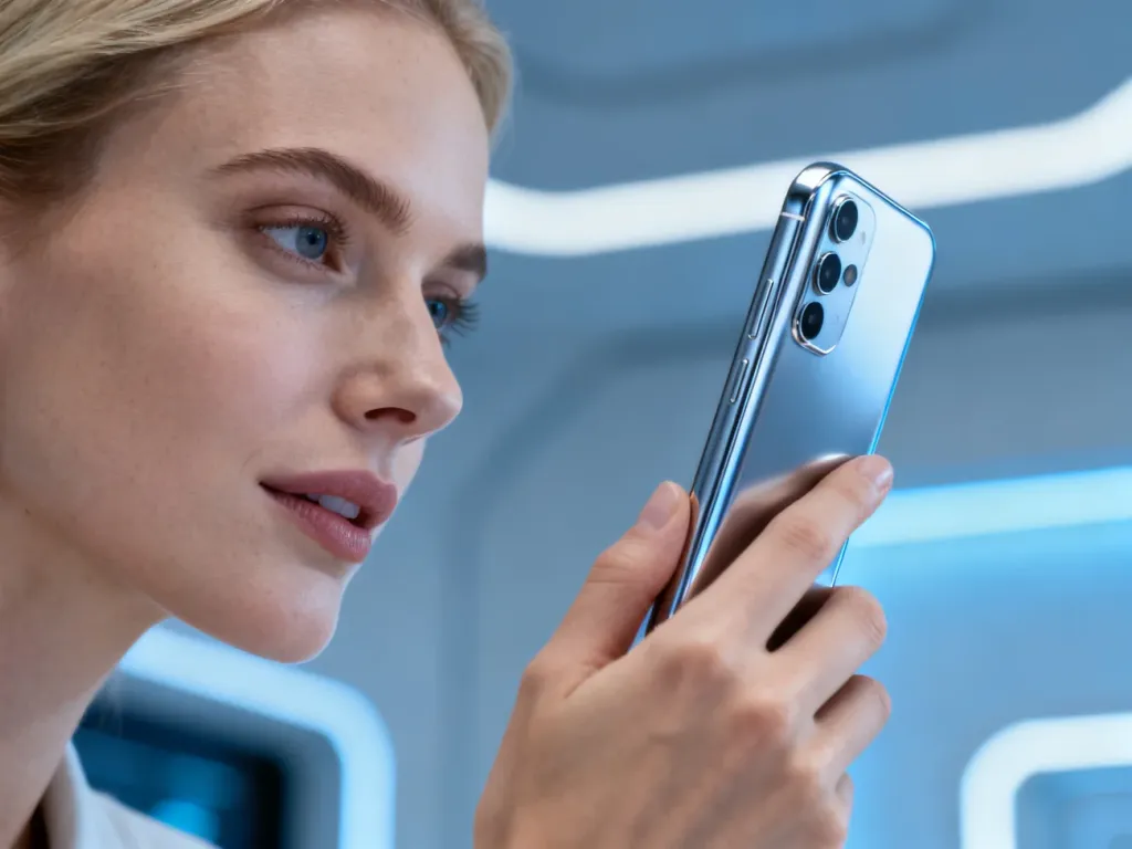 Elegancki, nowoczesny smartfon w dłoni na tle minimalistycznego studia, podkreślający design nowego modelu iPhone.