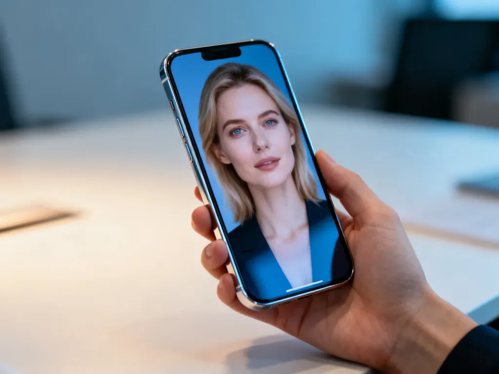 Kobieta trzymająca w dłoni nowoczesny smartfon Samsung z wyraźnym ekranem na tle minimalistycznego biura.