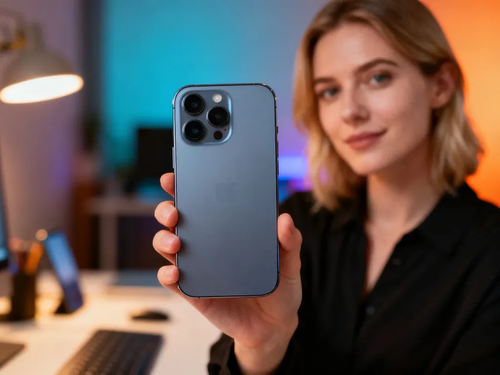 Kobieta trzymająca w dłoni nowoczesny smartfon Redmi 13, eksponujący jego tylny moduł aparatów w profesjonalnym studiu.