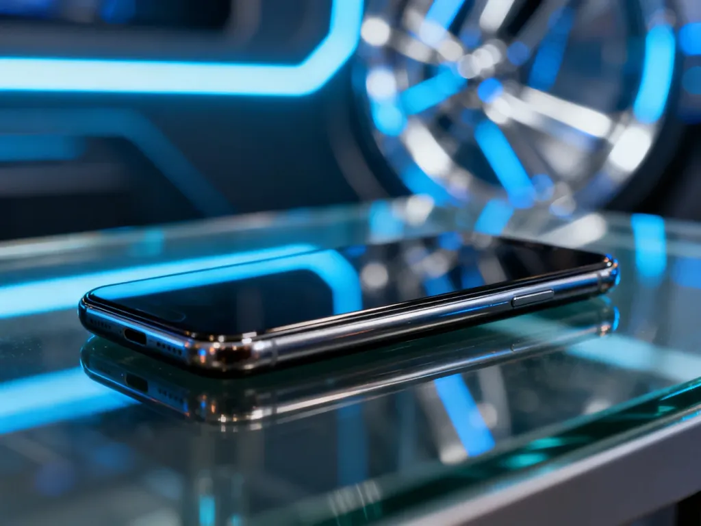 Nowoczesny smartfon Vivo x300 na lustrzanej powierzchni w futurystycznej, neonowej oprawie świetlnej.