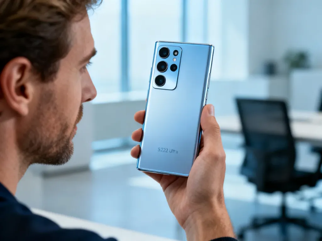 Mężczyzna trzymający w dłoni smartfon Samsung S22 Ultra, prezentujący nowoczesny design i układ aparatów.