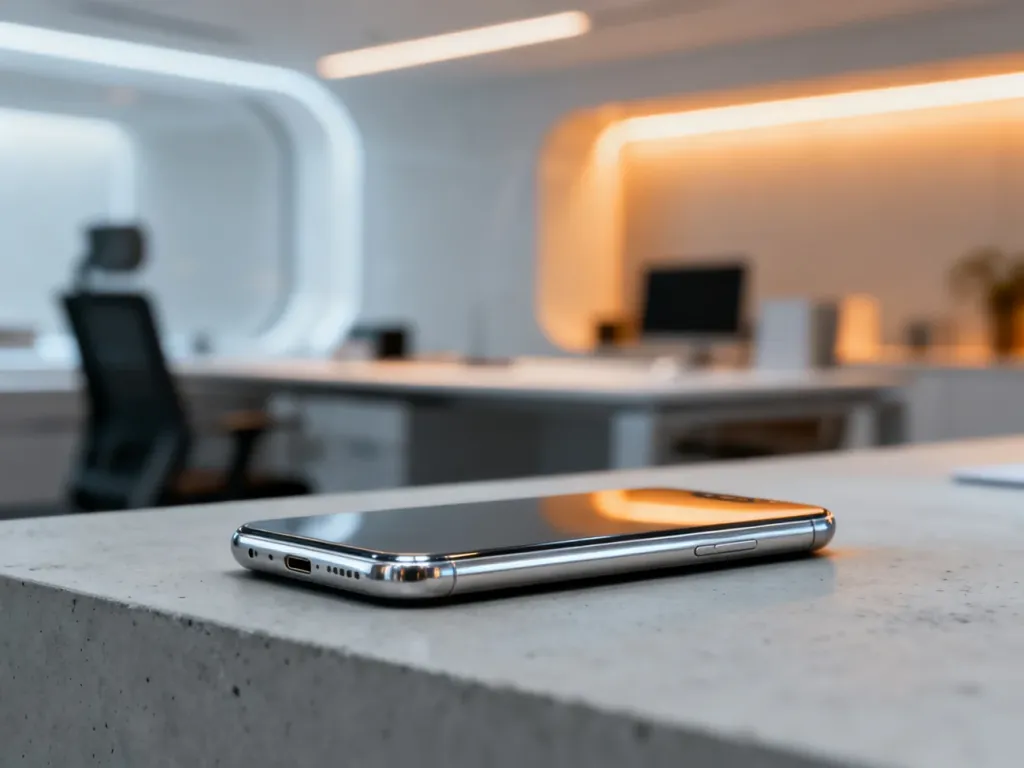 Srebrny smartfon OnePlus Nord 4 spoczywający na minimalistycznym betonowym blacie w nowoczesnym biurowym otoczeniu.
