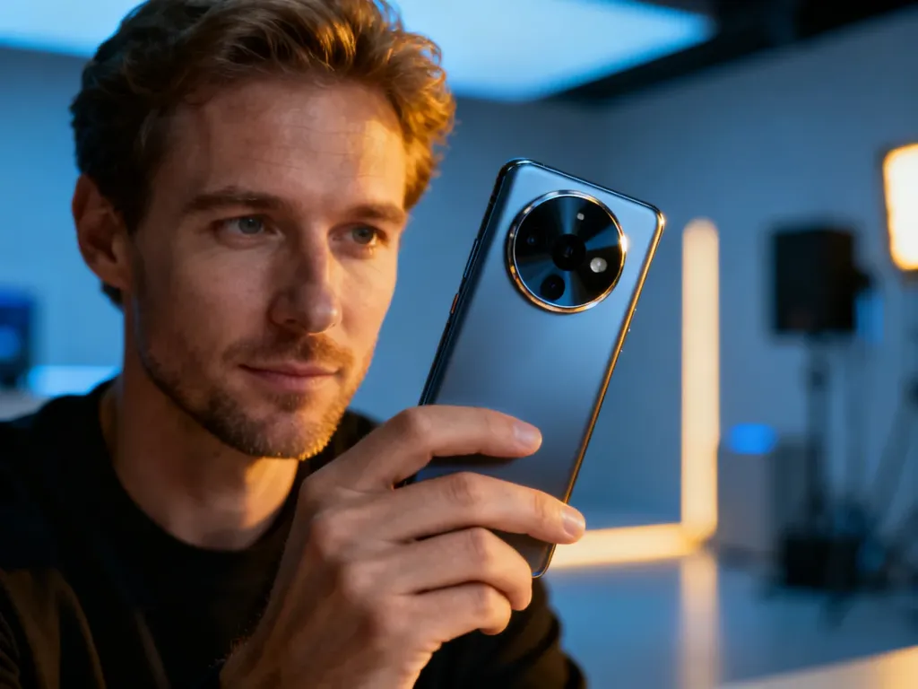 Smartfon Realme 12 Pro Plus z charakterystycznym okrągłym modułem aparatu trzymany w dłoni na tle nowoczesnego studia.