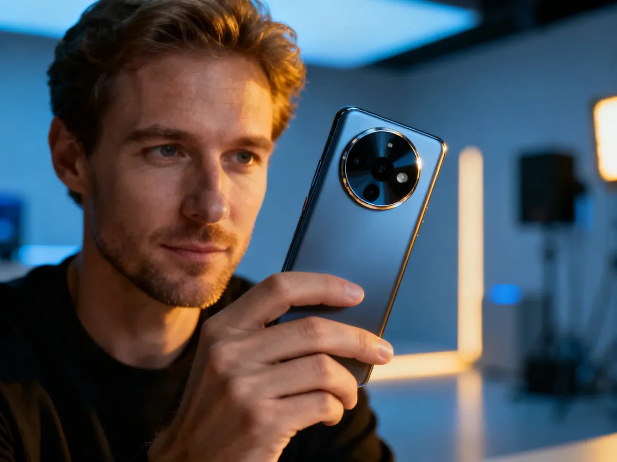 Smartfon Realme 12 Pro Plus z charakterystycznym okrągłym modułem aparatu trzymany w dłoni na tle nowoczesnego studia.
